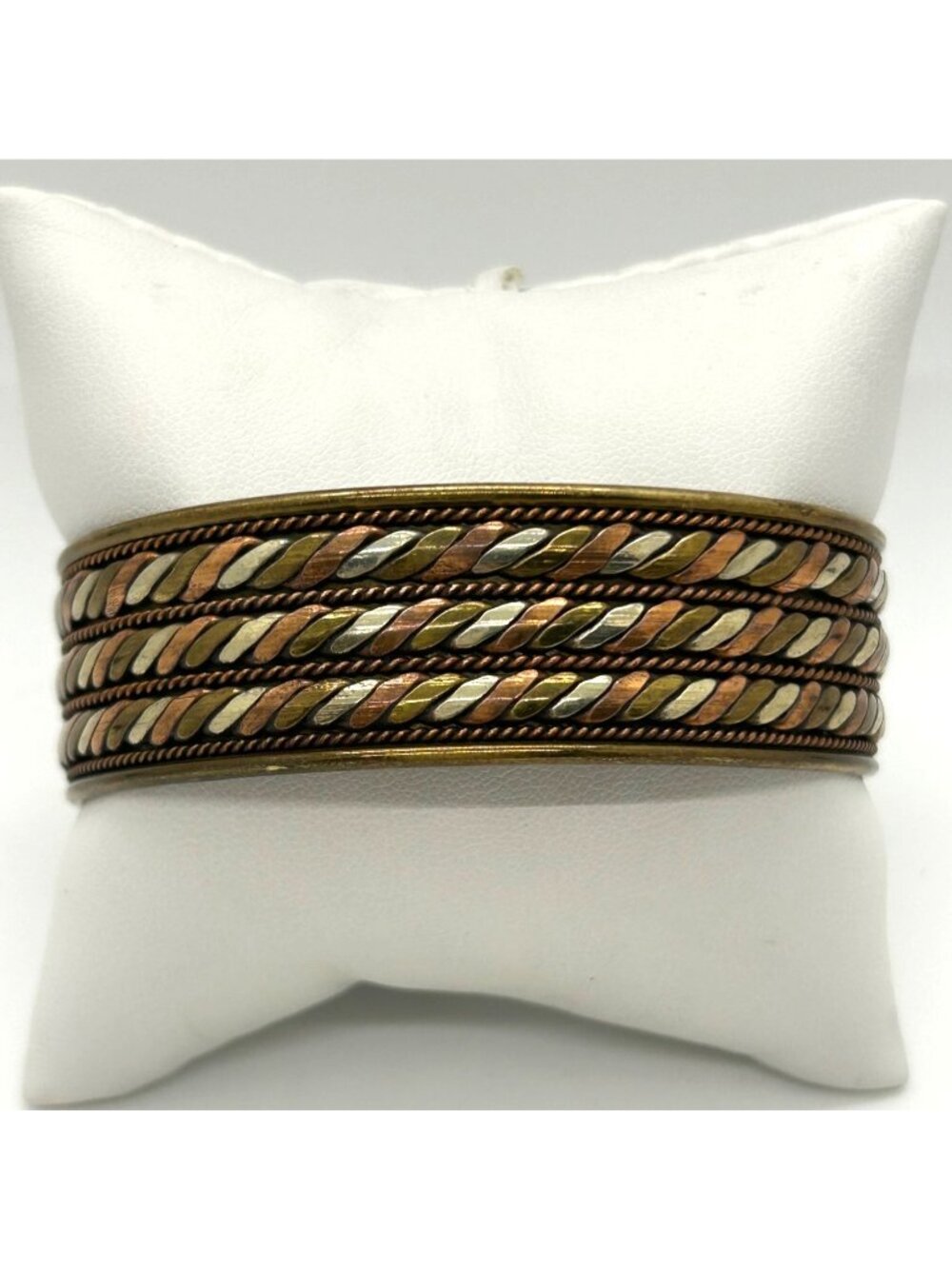 Vintage Adjustable Brass Copper & Silver-Tone Tricolor Cuff Bracelet 8" Unisex - Picture 2 of 16